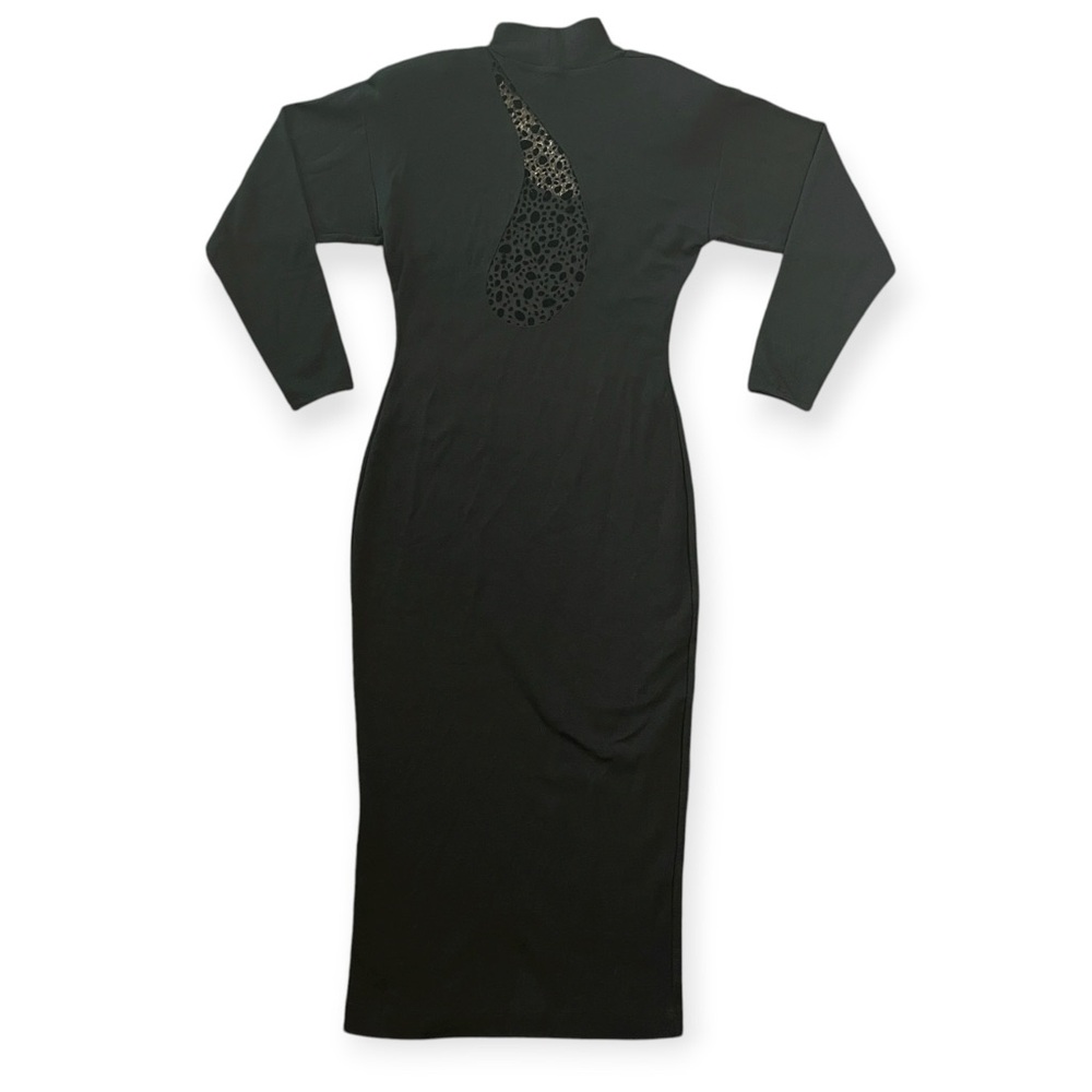 VINTAGE FUSION 100% Wool Velvet Cutout Midi Dress Black 80s 90s